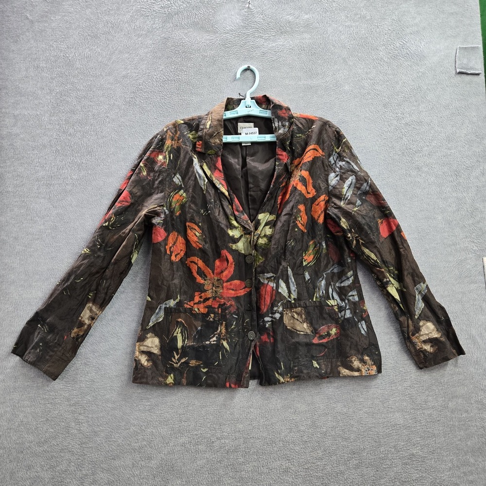 Chico's Women Jacket 2 Brown Polyester Silk Floral Collared READ